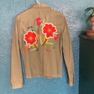 Lucky Brand Olive,utility-like Jacket with Floral, embroidered Accents. Vintage